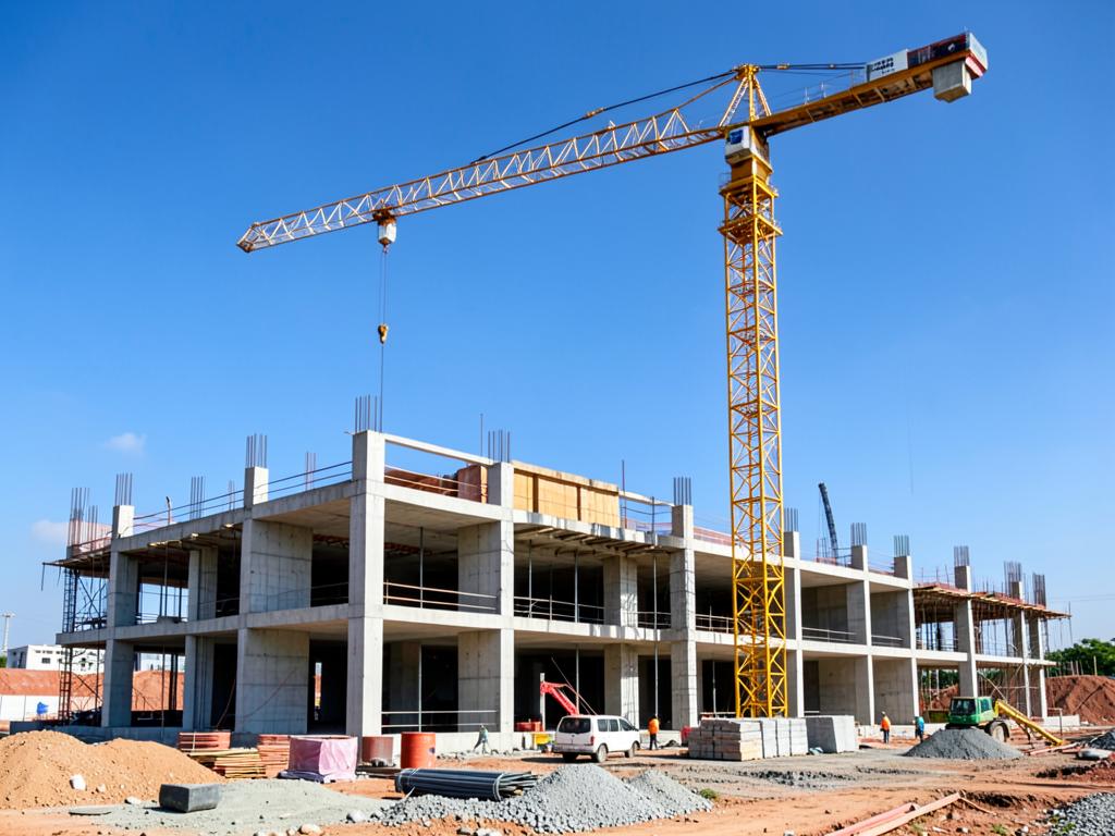 Edifício em construção com guindaste de torre amarelo